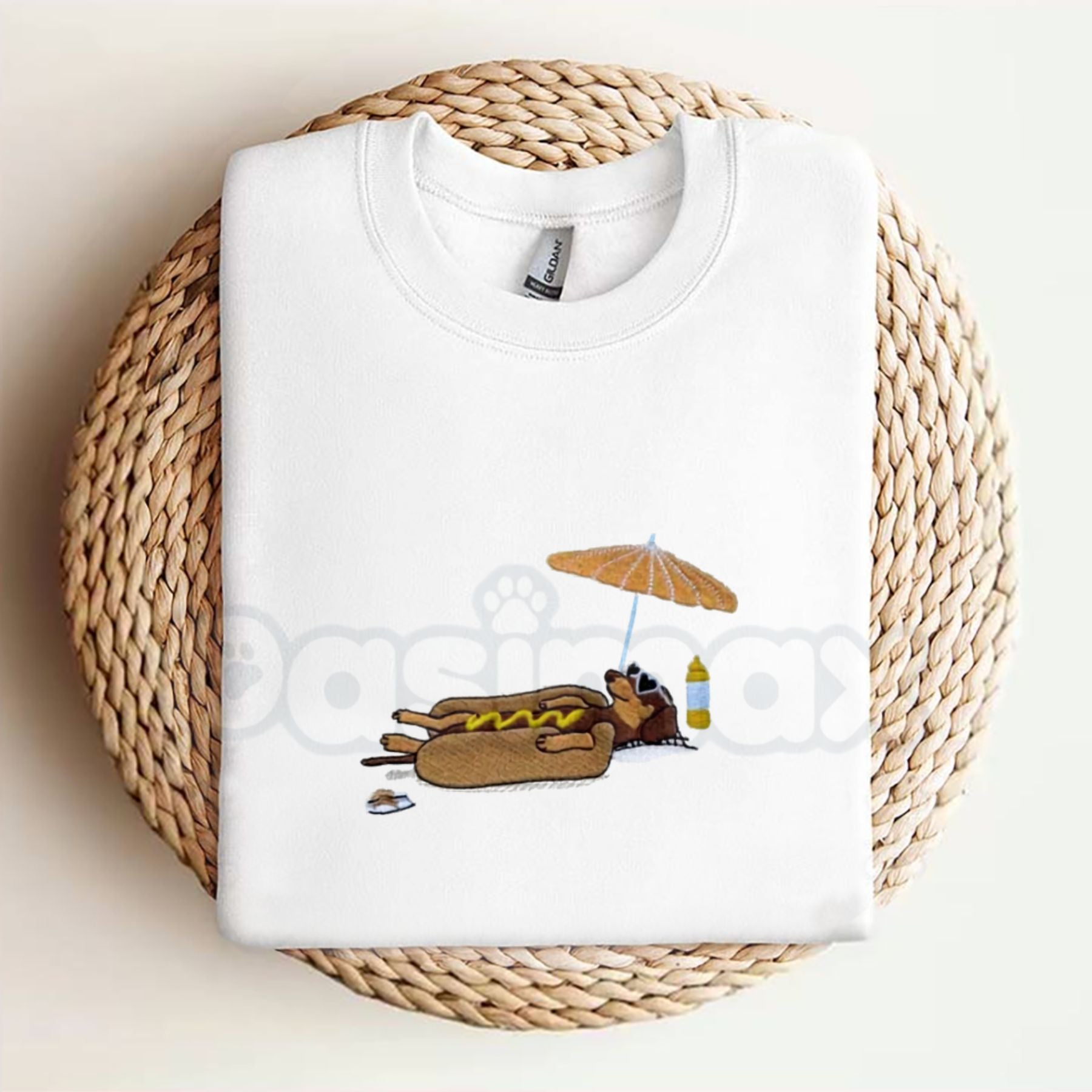 Hot Dog On Beach Dachshund T-Shirt – Embroidered Summer Tee, Funny Doxie Shirt for Beach Lovers & Dog Moms