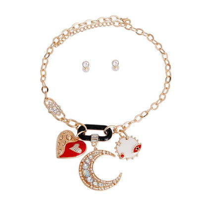 White Moon and Heart Charm Chain