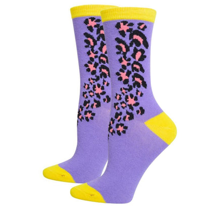 Women's Crew Socks Purple Yellow Cheetah