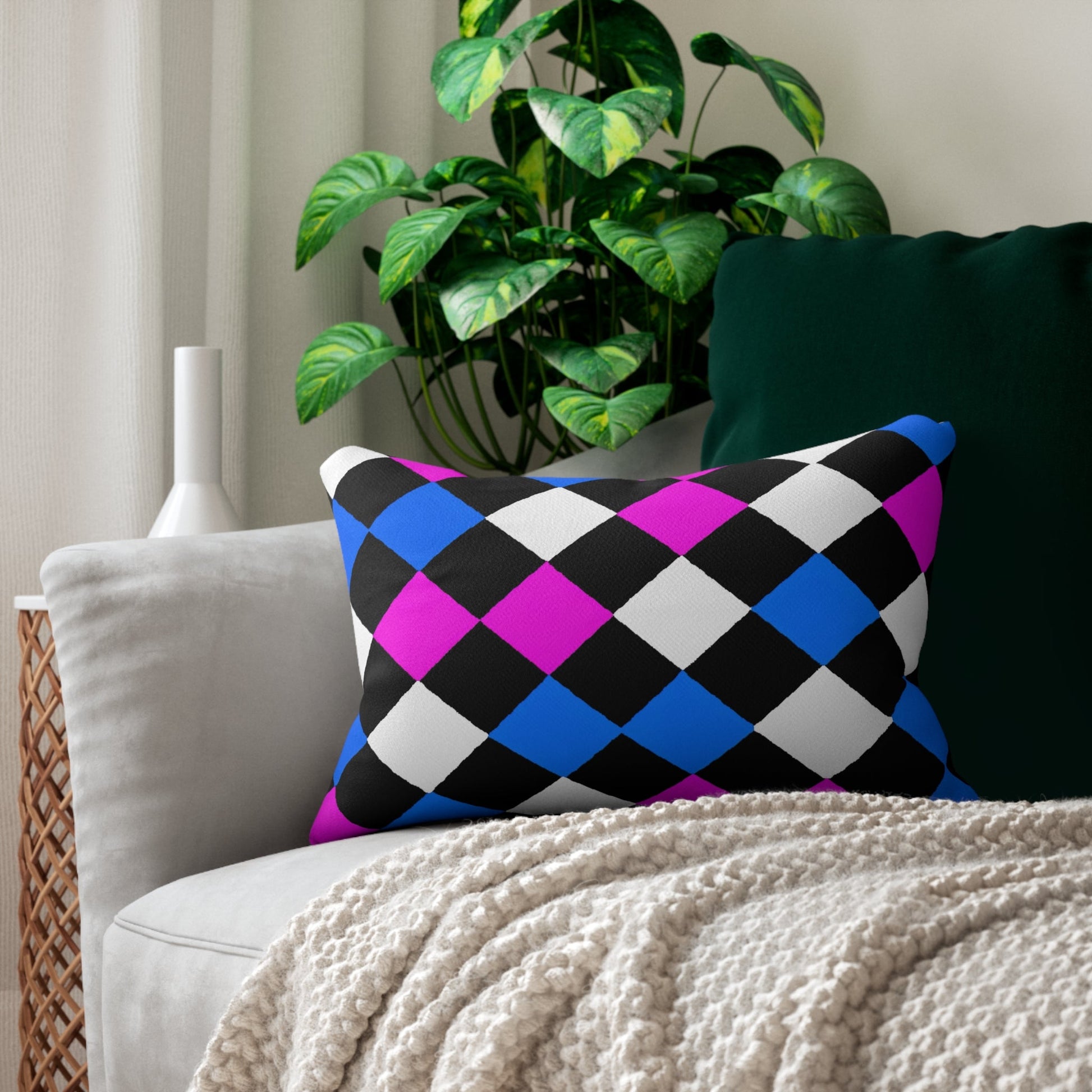 Decorative Lumbar Throw Pillow - Black Pink Blue Checkered Pattern-4