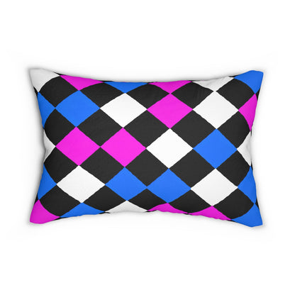 Decorative Lumbar Throw Pillow - Black Pink Blue Checkered Pattern-1