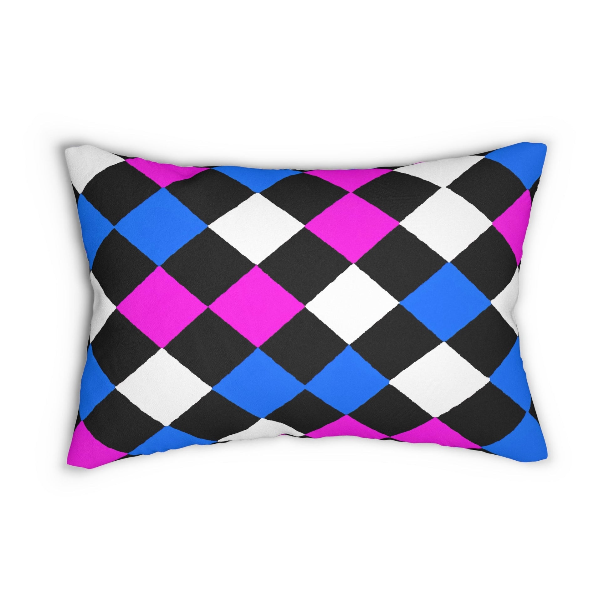 Decorative Lumbar Throw Pillow - Black Pink Blue Checkered Pattern-0