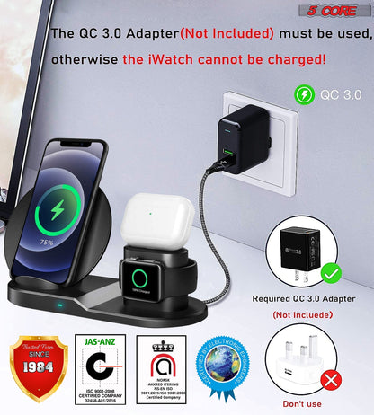 5 Core 3 in 1 Qi Wireless 10W / 15W Fast Charging Pad Stand Dock For Samsung & iPhones WCR 3-4