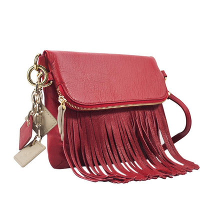 Flamingo Leather Fringe Handbag- Scarlet Red-0